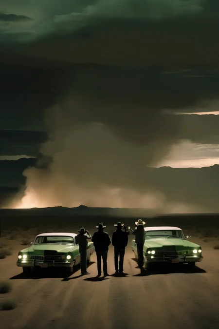 <lora:Roger Deakins Style:1>Roger Deakins Style - a man is taking a picture of two people in cars, in the style of softbox lighting, washington color school, light green and black, firecore, dramatic skies, groundcore, melds mexican and american cultures