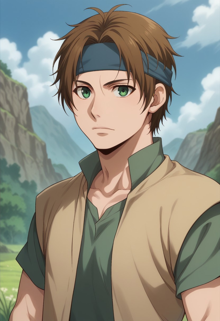 score_9, score_8_up, score_7_up, source_anime, highly detailed, 
elam, solo, 1boy, male focus, brown hair, green eyes, headband, upper body, vest, shirt, green shirt, short sleeves
outdoor,
