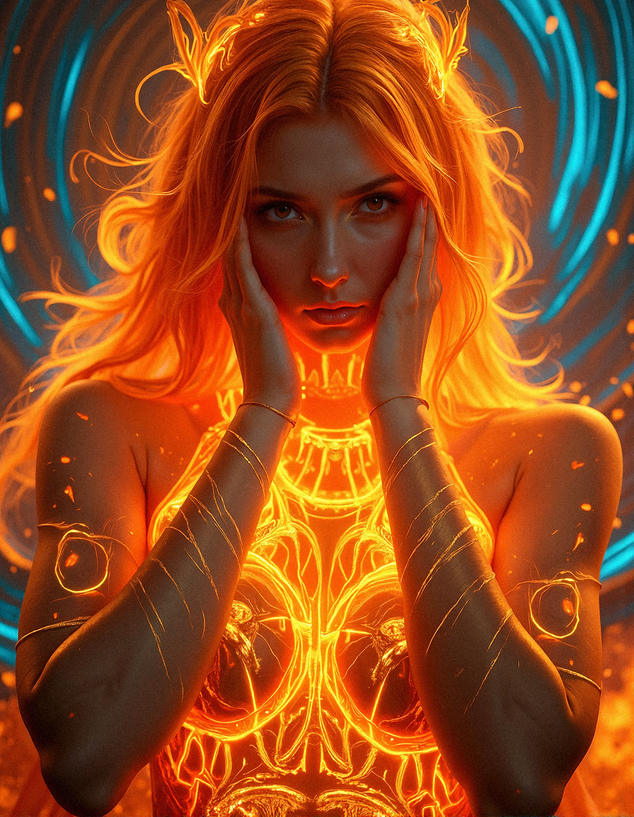  a SFW face close-up portrait of a mythical fire goddess, her body glowing with intense orange, fiery hot hair and yellow flames that blend seamlessly into a swirling, hypnotic backdrop of concentric colors. She is wearing A very intricate design metallic chest plate that appears to be white-hot, with molten edges and glowing lines that mimic the flow of lava.  A long cape that appears to be woven from pure flame, with translucent orange and yellow threads that flicker and glow. With both hands covering her face, flames coiling around her, as if she’s drawing power from within.
 Her eyes are deep and intense, mirroring the powerful warmth and energy she exudes. The background pulsates with vivid patterns of blue, red, and yellow, giving the impression that she is both part of and feeding from this energetic vortex. The lighting casts intricate shadows that enhance the contours of her face, her skin appearing to shimmer with an almost liquid quality as the flames flicker and move. The atmosphere is surreal and mystical, evoking a sense of otherworldly power and ancient elemental force.

