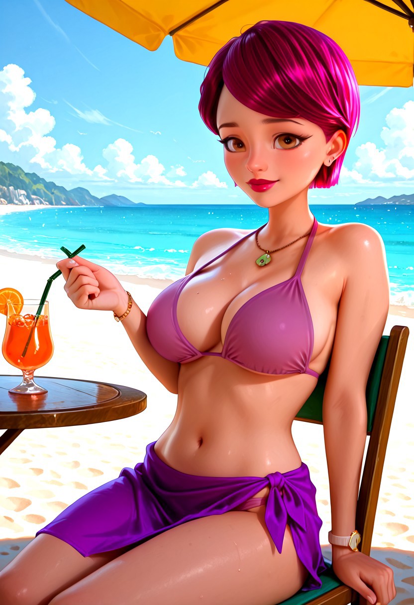 score_9_up, score_8_up, score_7_up, score_6_up), vivid colors, (high quality), (high resolution), (perfect lips, perfect eyes, perfect body), BREAK, (((Nadja Chamack, brown eyes, short hair, swept bangs, purplish-pink hair, fuchsia-color hair, lipstick ,  pink bikini, purple transparent sarong,  large breasts)))), sitting on chair, drinking juice, glass cup with one straw, BREAK, beach, restaurant, table, chair, sunny, BREAK, score_9, score_8, score_7,