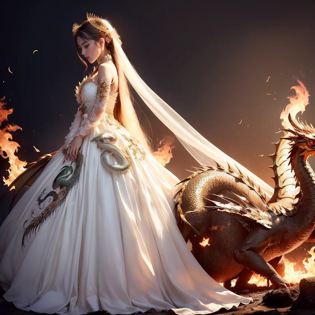 (masterpiece), (best quality), (super delicate), (illustration), (extremely delicate and beautiful), (dynamic angle), white and black highlights, (legendary Dragon queen:1.3),(complex details) ,golden eyes, green pupils, delicate face,messy floating hair, messy hair, focus, perfect hands, (fantasy wind),handsome shape,((((The flames burning behind the young woman)))), (the battlefield behind the young woman:1.2), (((Bloody))),long hair:1.2,hair stick:1.2,bun:1.2,full body:1.2,dragon horn:1.2,(((flowing))),nhjy, a white dress with a peacock on it<lora:nhjy-10:0.5>