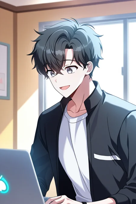 masterpiece, perfect quality, best quality, absolutely eye-catching, ambient occlusion, raytracing,depth of field,anime screencap, , , 1boy, solo, male focus, <lora:kim_hajin:0.77>,kim hajin, black hair,short hair,grey eyes,side-swept bangs,open mouth,shirt, smile, shirt,closed mouth, jacket, white shirt, upper body, open clothes, indoors, open jacket, black jacket, window, computer, laptop,from side