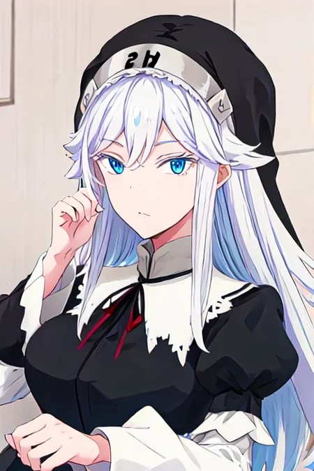 solo, 1girl, solo_focus,
sister ivry, long hair, bangs, blue eyes, hair between eyes, white hair,, maid, nun, habit, puffy sleeves, long sleeves, dress, black dress,