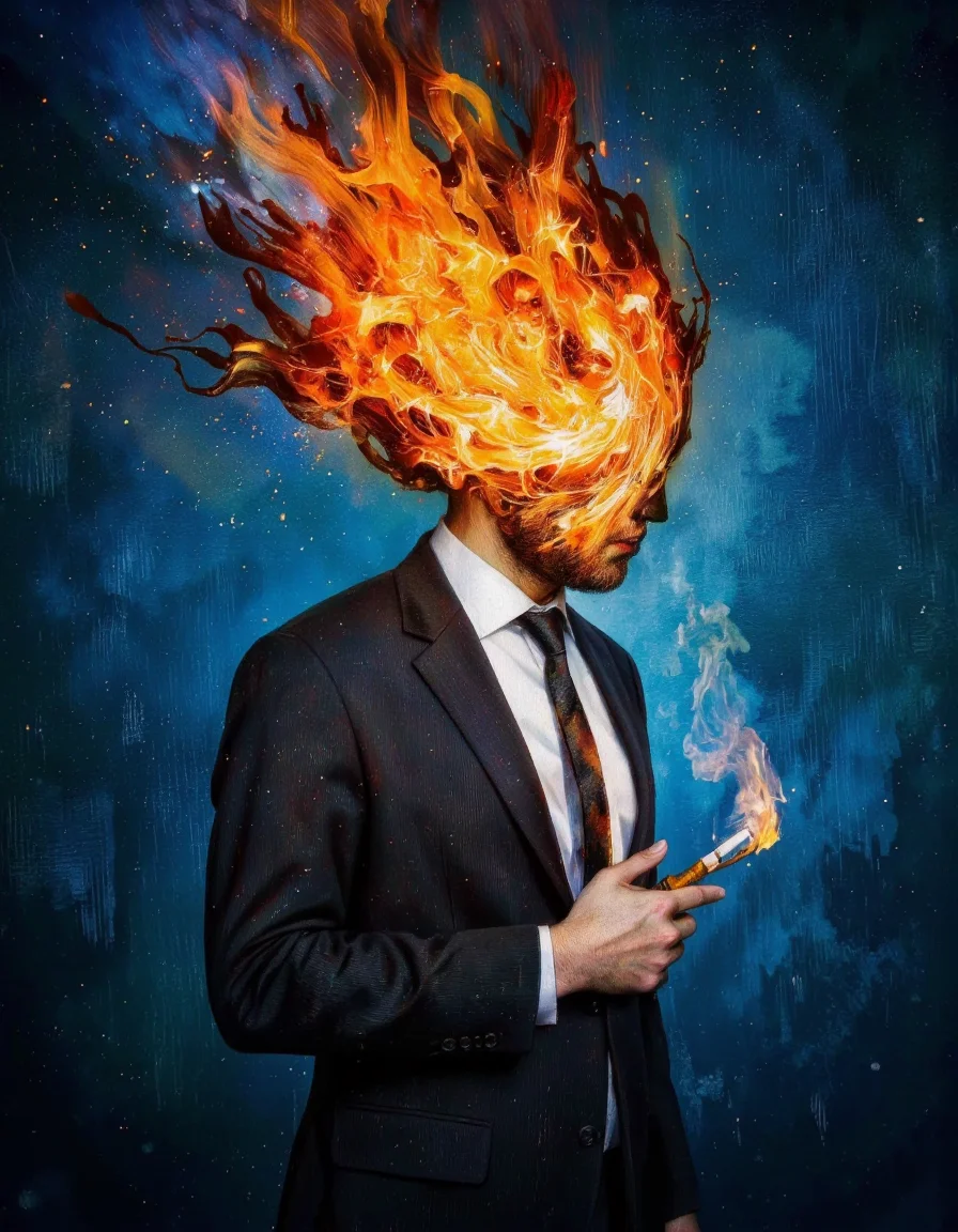 Art by Mario Nevado. This is a high-quality, digitally rendered artwork, showcasing a surreal, abstract style. The image features a portrait of a person's headless upper body, dressed in a dark suit, holding a lit cigarette. The head is replaced by an intense, swirling vortex of bright orange flames against a deep blue background. The composition uses the rule of thirds, with the subject placed on the right, creating a dynamic balance. The lighting is artificial, emphasizing the vivid colors and textures of the flames. The background is blurred, focusing attention on the subject. The aesthetic quality is very high, with a striking contrast and bold color palette.