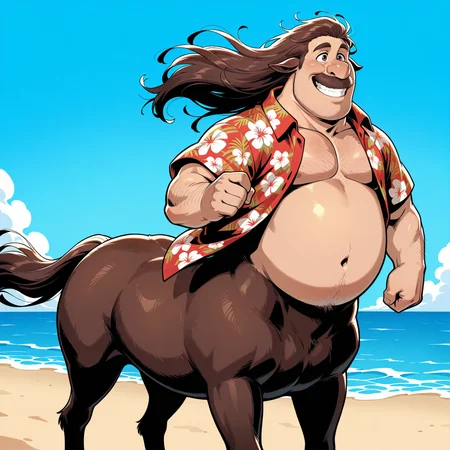 coltbronco, solo, centaur, cowboy shot, feet out of frame, smile, nostrils, long floating hair, open hawaiian shirt, beach