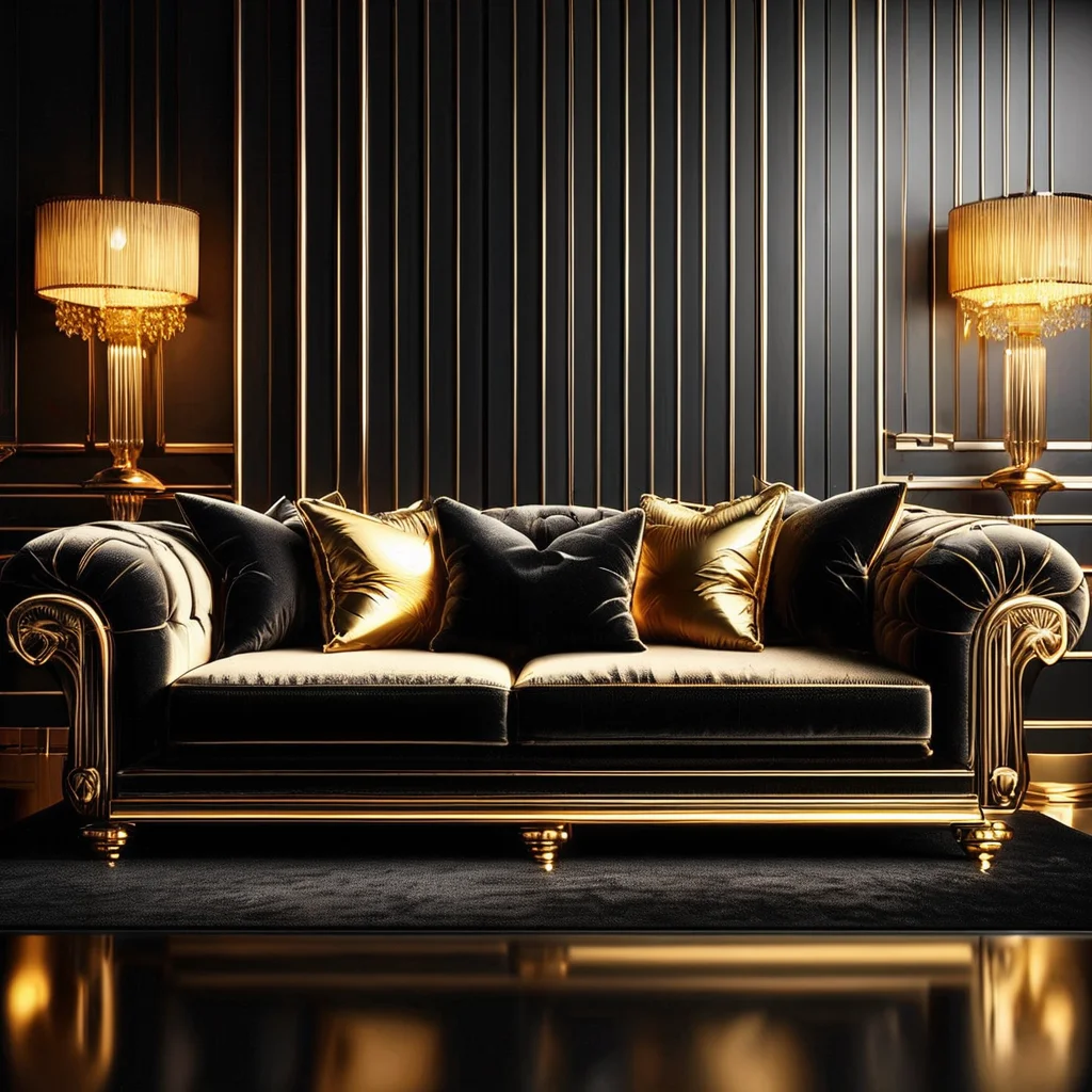 RetroBG, plush couch, gold pillows, luxurious, high resolution, digital art, high contrast, elegant, sophisticated, black background <lora:RetroLuxe World Morph:1>