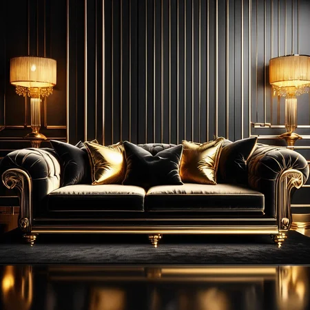RetroBG, plush couch, gold pillows, luxurious, high resolution, digital art, high contrast, elegant, sophisticated, black background <lora:RetroLuxe World Morph:1>