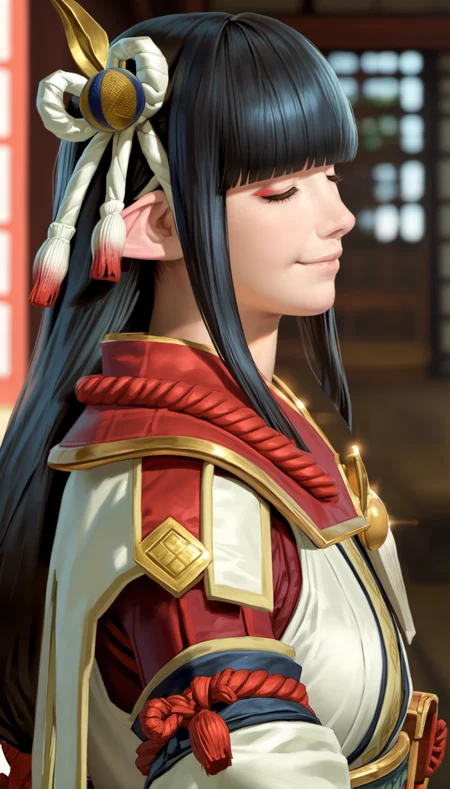 score_9,score_8_up,score_7_up,
<lora:hinoa:0.9>,
mhhinoa,
photorealistic,
1girl,solo,black hair,long hair,blunt bangs,hair ornament,closed eyes,smile,pointy ears,red and white short cape,shoulder necklace,white japanese robe top,deep red undershirt,detached sleeves,portrait,blurry background,indoors,wooden indoors,lens flare,the blurry outer scene is visible through the door,
