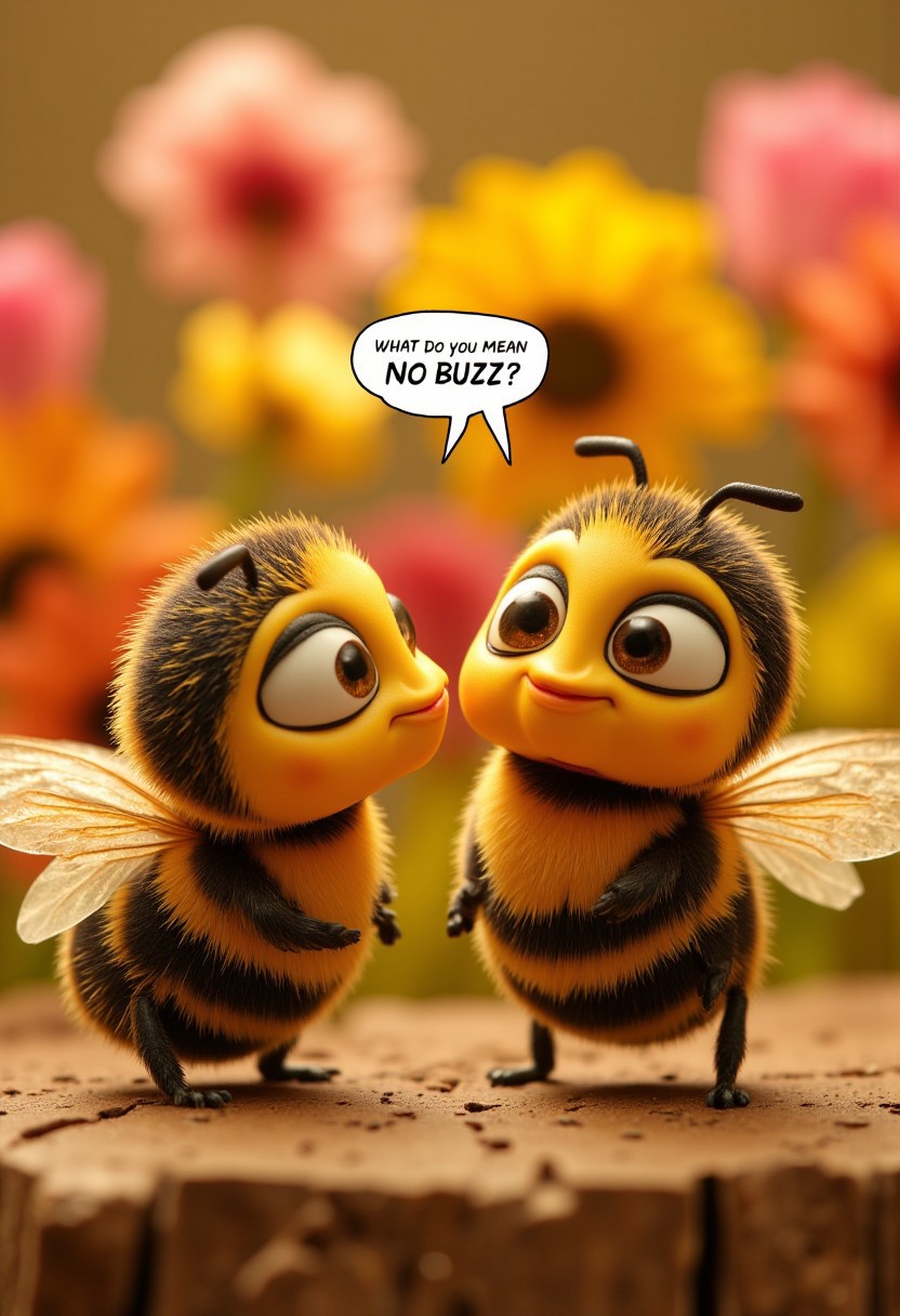 masterpiece, best quality, highly detailed, score_9, score_8_up, score_7_up, 
BREAK, 70mm lens, full-color photograph, shadows, cinematics lighting, volumetric lights, realistic lights, three quarter view, film grain, 
photograph of two adorably cute cartoon bees, facing each other, looking at each other, looking confused. Out of focus background of blurred gigantic flowers of many different colors
/BREAK/
speech bubble reading: "what do you mean NO BUZZ?".