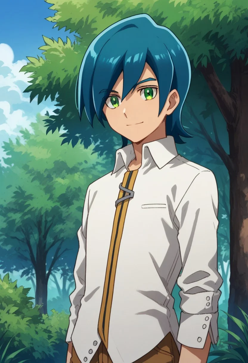 score_9, score_8_up, score_7_up, source_anime, highly detailed,
hayato, solo, 1boy, male focus, upper body, green eyes, blue hair, standing, shirt,
pants, brown pants, white shirt, looking at viewer, smile,
outdoor, sky, tree
