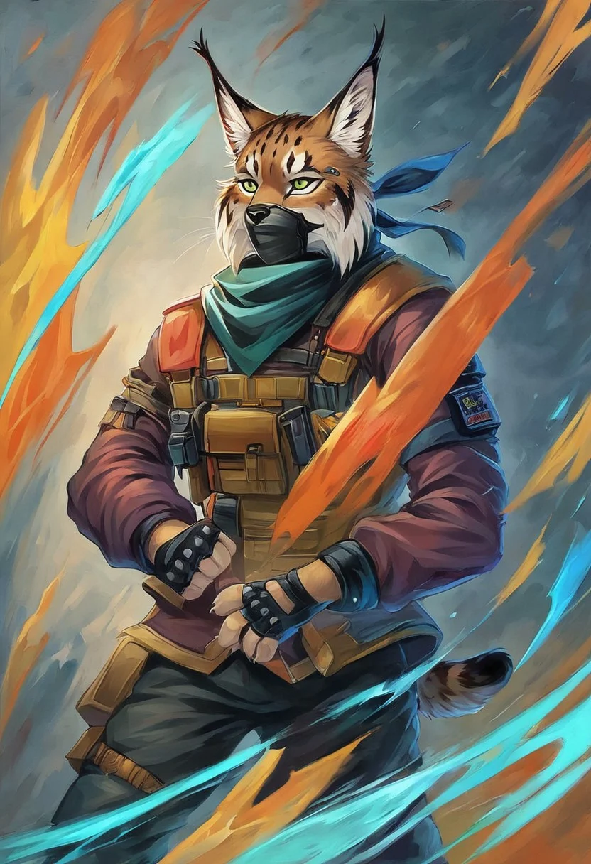 Score 9, Score_8_up, Score_7_up, ng_deepnegative_v1_75t, negative_hand, charturnerv2, knee-deep portrait of adult male, banners, starship, high technology, shirt, fingerless gloves, soldier uniform,, , anime, Arknight provens, detailed background, cyberpunk, bandana, facemask, furry, lynx species, lynx tail, lynx ears, muscle, bulky