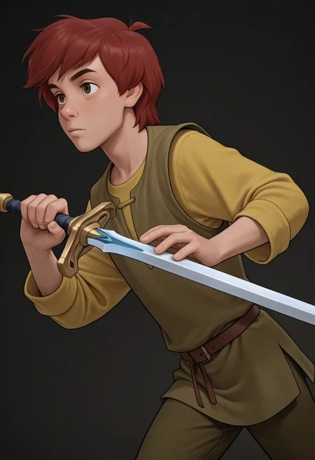 masterpiece, absurdres, high quality, perfect anatomy, 1boy, solo, cute boy, male focus, Taran, Red Hair, Brown Eyes, Green Vest, Long Sleeve Yellow Shirt, Green Pants, holding weapon, holding sword, portrait, cinematic, intricately detailed illustration, depth of field, masterpiece, best quality, amazing quality, very aesthetic, absurdres, newest, very awa,  shadow, dynamic angle, casual cosplay, dynamic pose, simple background,