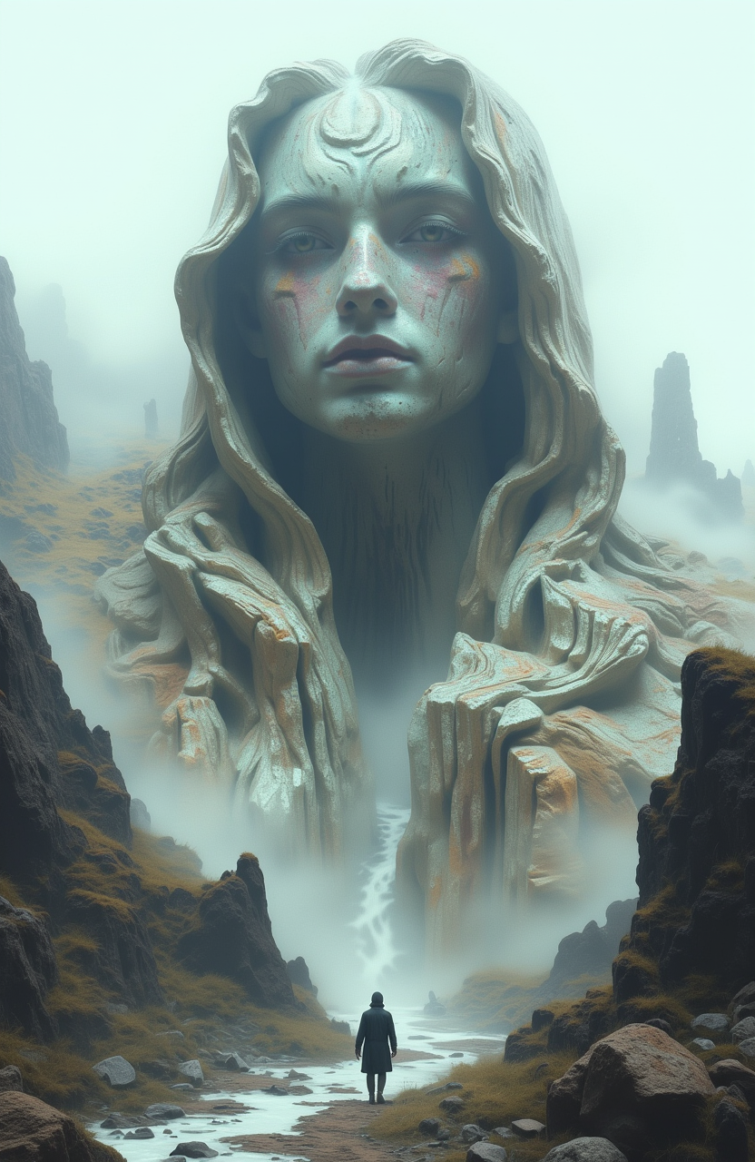 psycho_4rt, A massive statue of a humanoid figure carved into the peak of a mountain, its face weathered by time, surrounded by swirling mist and jagged rocks.