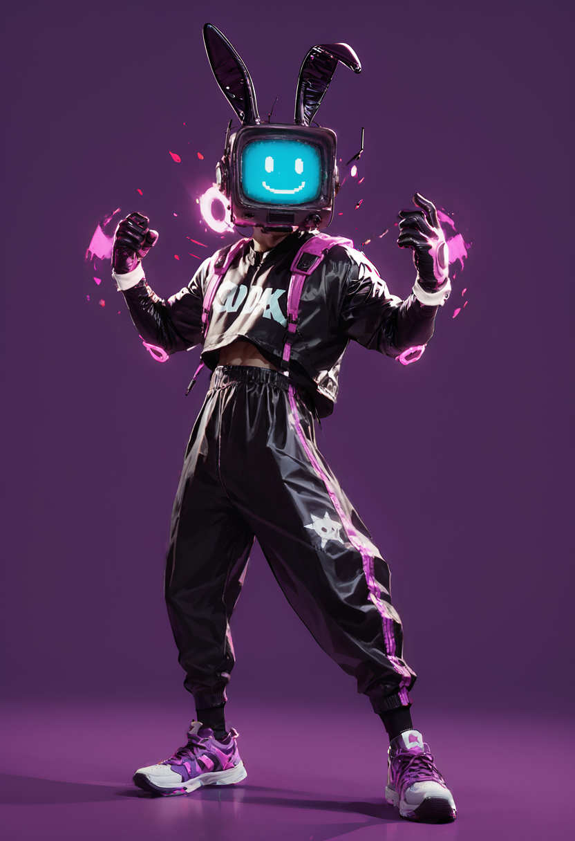 (score_9, score_8_up), score_7_up, 1boy, solo, simple background, neon purple background, side view, glowing, bunny ears, urban street wear, hands up, dancing, back pack, baggy clothing, sneakers, over sized gloves, latex gloves, screenface, screen head, simple face, smile, looking at viewer, blood splatter, blood <lora:Screen_Face:0.8>