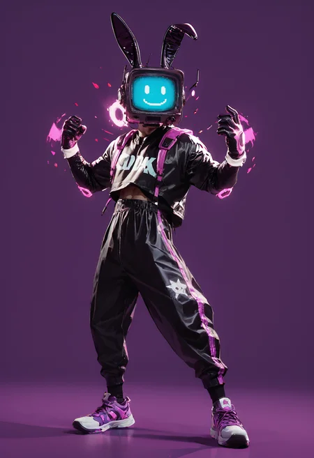 (score_9, score_8_up), score_7_up, 1boy, solo, simple background, neon purple background, side view, glowing, bunny ears, urban street wear, hands up, dancing, back pack, baggy clothing, sneakers, over sized gloves, latex gloves, screenface, screen head, simple face, smile, looking at viewer, blood splatter, blood <lora:Screen_Face:0.8>