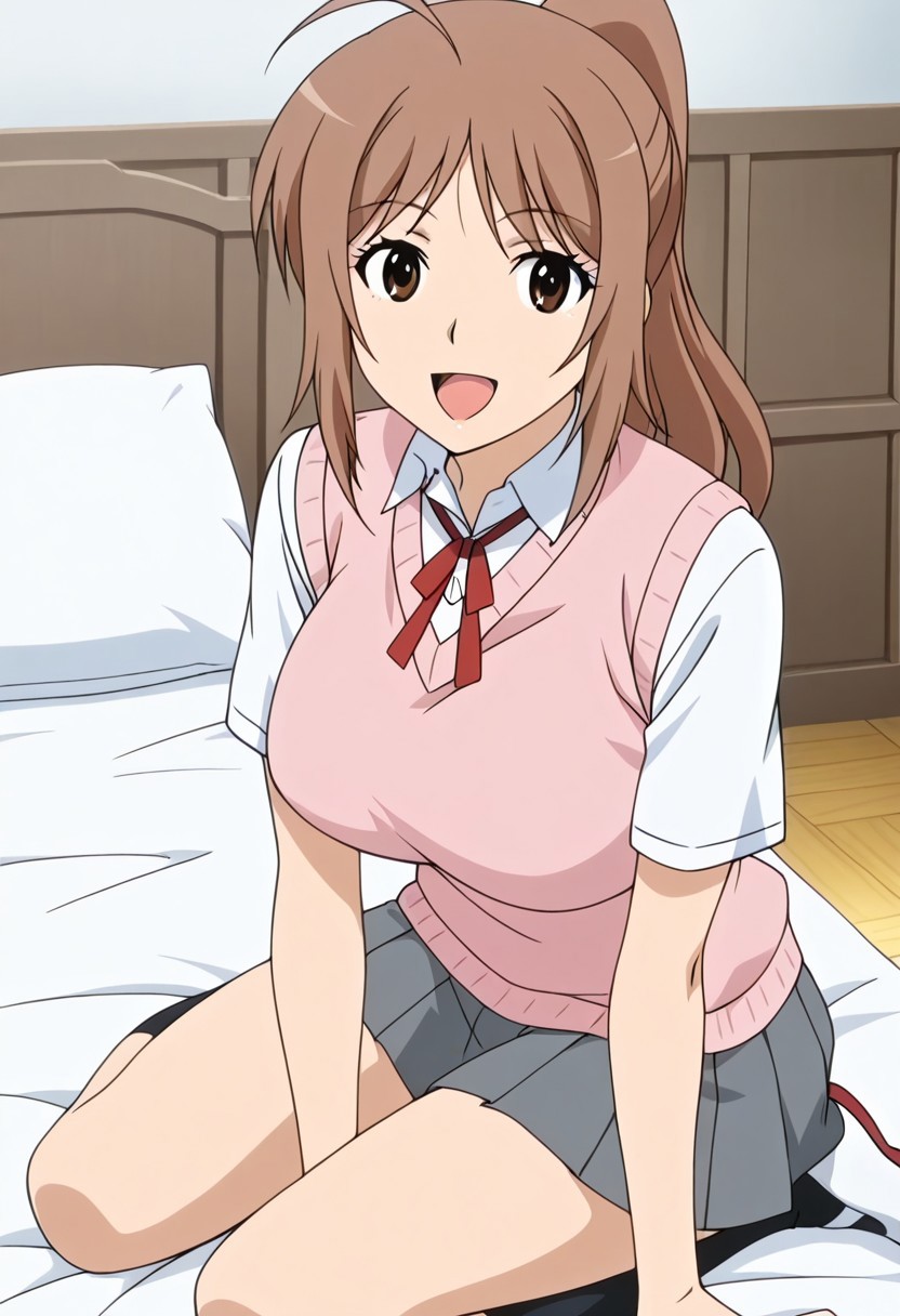 1girl, bedroom, happy, looking at viewer, BREAK, mia ogawa joshikousei no koshitsuki anime style, ponytail, ahoge, sidelocks, long hair, brown hair, brown eyes, large breasts, BREAK, mia ogawa ep6 school outfit, pink sweater vest, dress shirt, collared shirt, white shirt, short sleeves, neck ribbon, red ribbon, pleated skirt, grey skirt, kneehighs, black socks, uwabaki, red footwear,