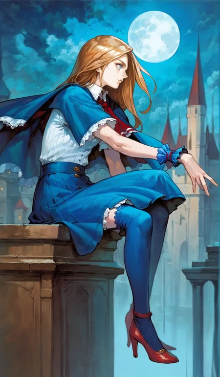 score_9,score_8_up,score_7_up,
highres,highly detailed,
<lora:CharlotteAulin:1>,
charlotteaulin,
1girl,solo,
brown hair,long hair,
blue eyes,looking to the side,
blue cape with white lace trim,white thigh length dress,white lace trim collar,red tie with white lace trim,short puffed sleeves,blue wrist cuffs,(blue wrap skirt:1.2),
blue lace thigh socks,red heels,
full body,sitting,from rooftop,overlook,from side,
blurry background,vignetting,outdoors,castle,(night:1.2),dark,full moon,dark,light particles,cloudy,rainy days,
