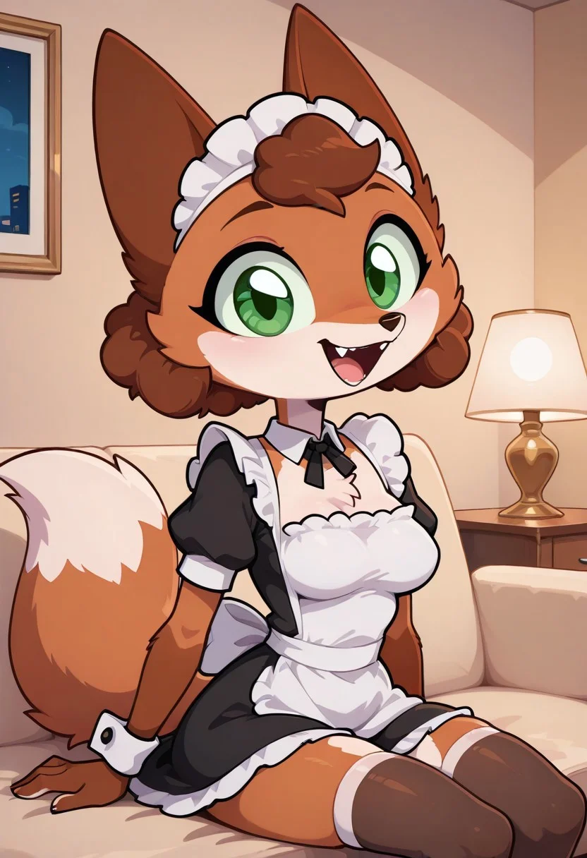 score_9, score_8_up, score_7_up, score_6_up, score_5_up, score_4_up, source_furry, solo, source_cartoon, fox, Sineki_fox, curly hair, brown body, short hair, green eyes, anthro fox, furry character, middle breasts, Maid outfit, maid hat, stockings, hotel room, happy, anthro, fur, furry body, brown body, 1girl, show accurate, fangs, detailed, open mouth, beautiful, female, vector, flat colors, middle breasts, half-closed eyes, big eyes, 4k, ultra detailed, open mouth, focus eyes, sitting, sofa