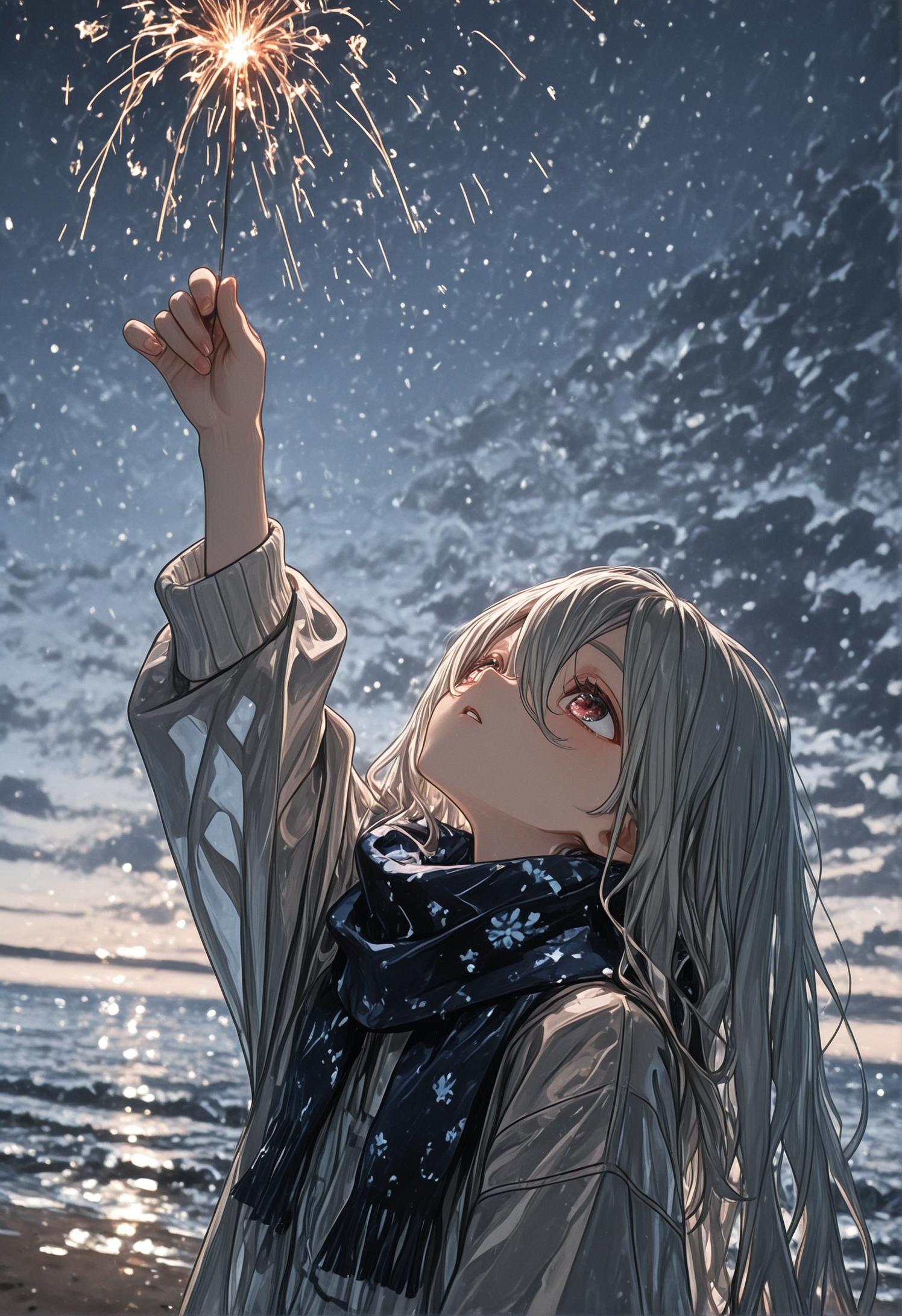 (artist:sho_\(sho_lwlw\):1.3), (artist:ningen_mame:0.8), artist:neco,1girl, solo, long hair, long sleeves, red eyes, holding, hair between eyes, jacket, upper body, white hair, grey hair, outdoors, parted lips, sky, cloud, water, scarf, arm up, night, ocean, beach, looking up, night sky, pom pom \(clothes\), horizon, white sweater, blue scarf, fireworks, sparkler, holding fireworks,masterpiece,best quality,newest,absurdres,highres,very awa,detailed backgroud