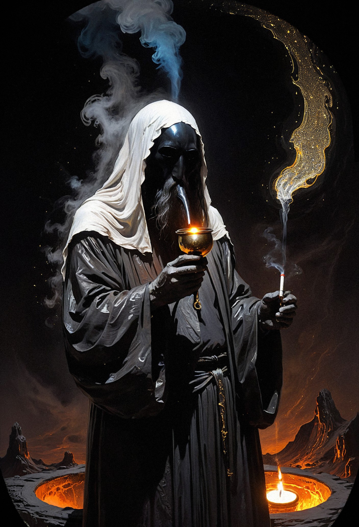 illustration of an old man, otherworldly, mysterious, back view, long hair, arching, black hair, long hair, face covered, obscured face, no face, molten plastic, abstract, black plastic, white plastic, galactic dusk, gold particles, thin black shirt, dark, (smoking a pipe, motel lava:1.2)  <lora:add-detail-xl:0.7> <lora:xl_more_art-full_v1:0.7>  <lora:sdxl/nicola_samori_dark_art_style:0.7> in the style of Nicola Samori