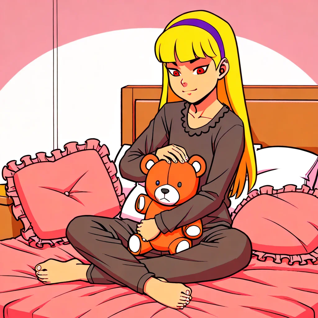 score_7, score_7_up, score_9, score_9_up, BREAK, 1girl, solo, blond hair, flat chest, red eyes, purple hairband, black pajamas, sitting, on bed, bedroom, hugging black teddy bear, pajama pants, barefoot, frilly pillows,
<lora:DC__Young_Justice_Child:0.8>