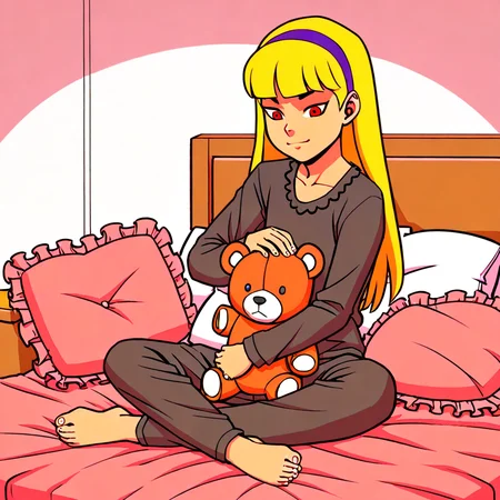 score_7, score_7_up, score_9, score_9_up, BREAK, 1girl, solo, blond hair, flat chest, red eyes, purple hairband, black pajamas, sitting, on bed, bedroom, hugging black teddy bear, pajama pants, barefoot, frilly pillows,
<lora:DC__Young_Justice_Child:0.8>