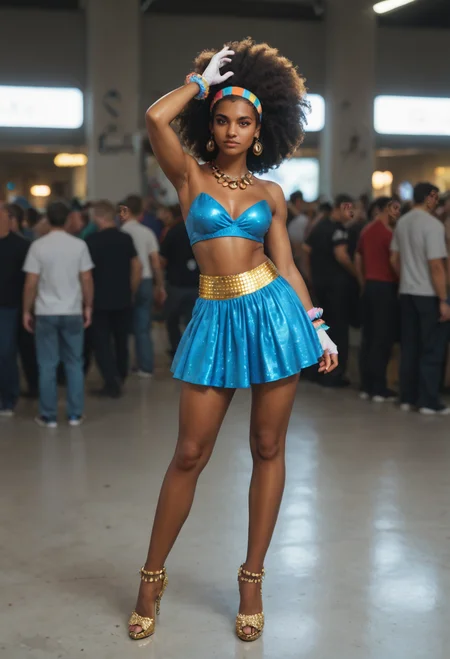 score_9, score_8_up, score_7_up zPDXL3  (radiant disco dancer) young woman, south african, dark eyes, dark skin, dark skin, light brown eyes, petite build, medium hazel afro hair,  wearing pastel yellow sequined blouse with bell sleeves, sequined mini skirt ,disco heels,  funky headband,fringe gloves, bold eyeliner, set in the disco era, the 70's, in an upscale bar with a sophisticated vibe, featuring a mirrored dance floor, plush seating, and a selection of classic cocktails  ,zPDXLrl,  dynamic pose,    <lora:detailed_notrigger:1>