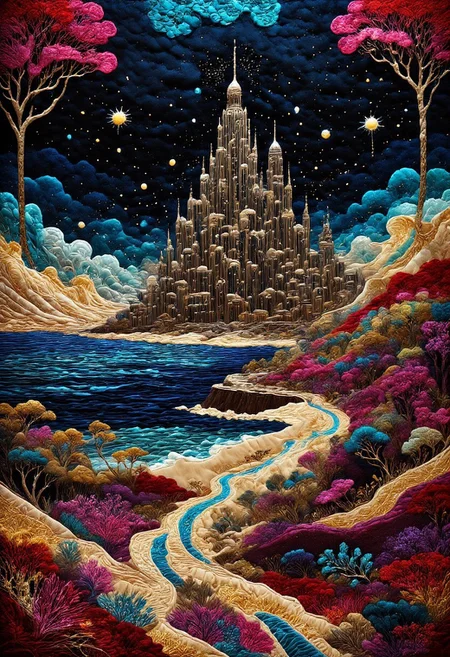 A serene beach scene unfolds under a vibrant starry night sky, with deep blues and purples contrasting against the bold and striking gold and red hues that dominate the landscape. In the distance, a futuristic city rises on the horizon, its towering skyscrapers gleaming with bold gold and red neon lights that reflect off the calm ocean waters. The beach itself is bathed in a soft, warm glow, with the golden sands blending seamlessly into the red-tinted waves. The scene is a dynamic fusion of nature and futuristic architecture, where the bold colors create a dramatic and captivating atmosphere. by Summera. The artwork combines elements of realism and bold color design, with sharp, contrasting tones that emphasize the vibrant palette. The futuristic city stands in stark contrast to the natural beauty of the beach, creating a visually striking composition. The lighting is dramatic, with the intense glow of the city lights casting bold shadows and highlights across the scene, enhancing the contrast between the natural and man-made elements.