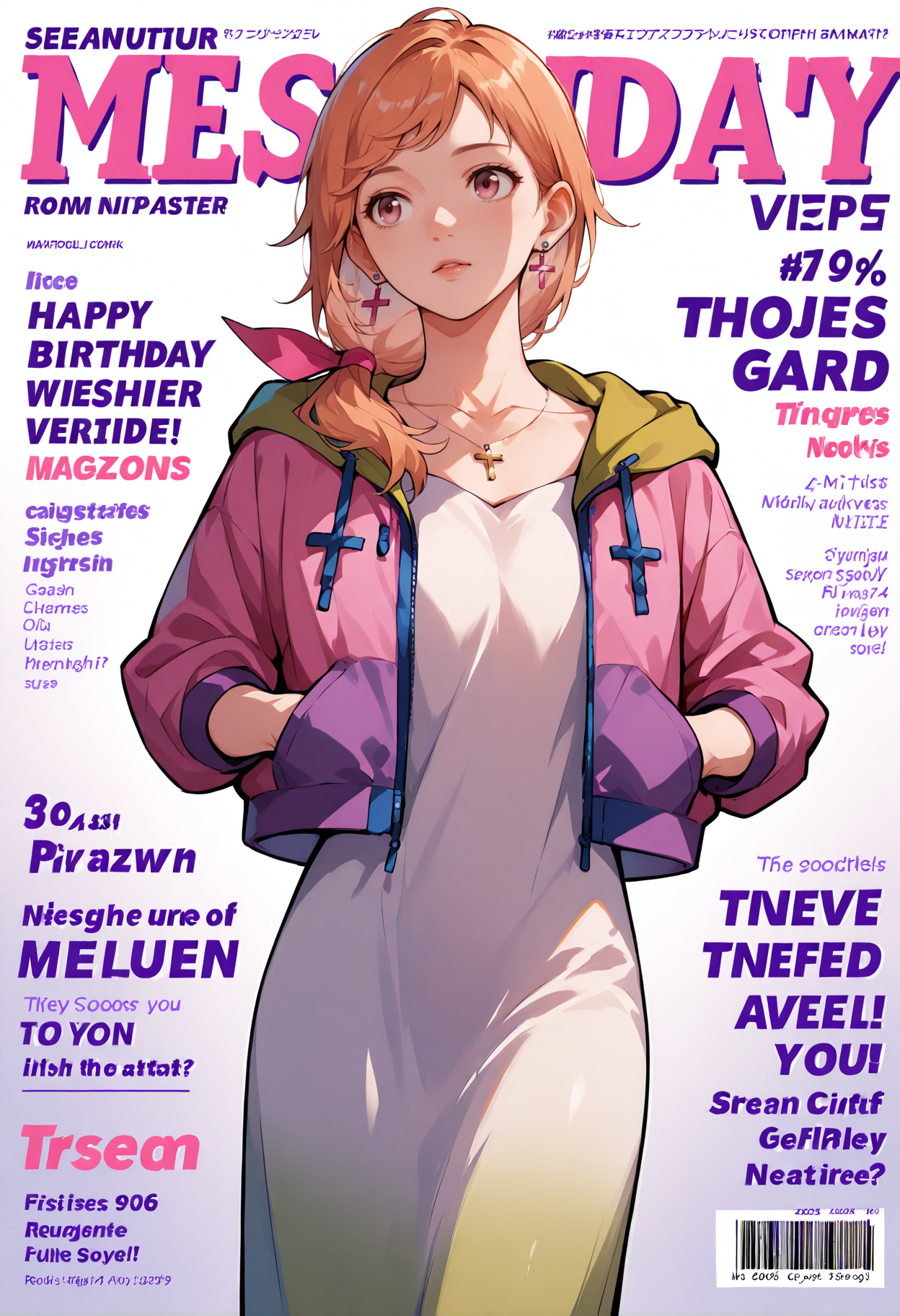 <lora:add-detail-xl:1>,masterpiece,best quality,absurdres,highres,detailed eyes,beautiful,detailed background,perfect eyes,realistic,solo,
<lora:magazine-cover-illustriousxl-lora-nochekaiser:1>,magazine cover,fake magazine cover,english text,cover,fake cover,price,cover page,text focus,barcode,dated,cowboy shot,sexy pose,
<lora:Kimishima_Saki:1>,1girl,jewelry,dress,earrings,necklace,jacket,brown hair,blue footwear,open jacket,open clothes,collarbone,long hair,brown eyes,shoes,pink jacket,white dress,long dress,hood,cross,ponytail,multicolored clothes,flats,low ponytail,purple eyes,hair ribbon,ribbon,green skirt,hoodie,hooded jacket,long skirt,bangs,skirt,purple jacket,aqua footwear,hood down,long sleeves,light brown hair,cross earrings,side ponytail,drawstring,cross necklace,breasts,pink eyes,orange hair,hair ornament,bow,