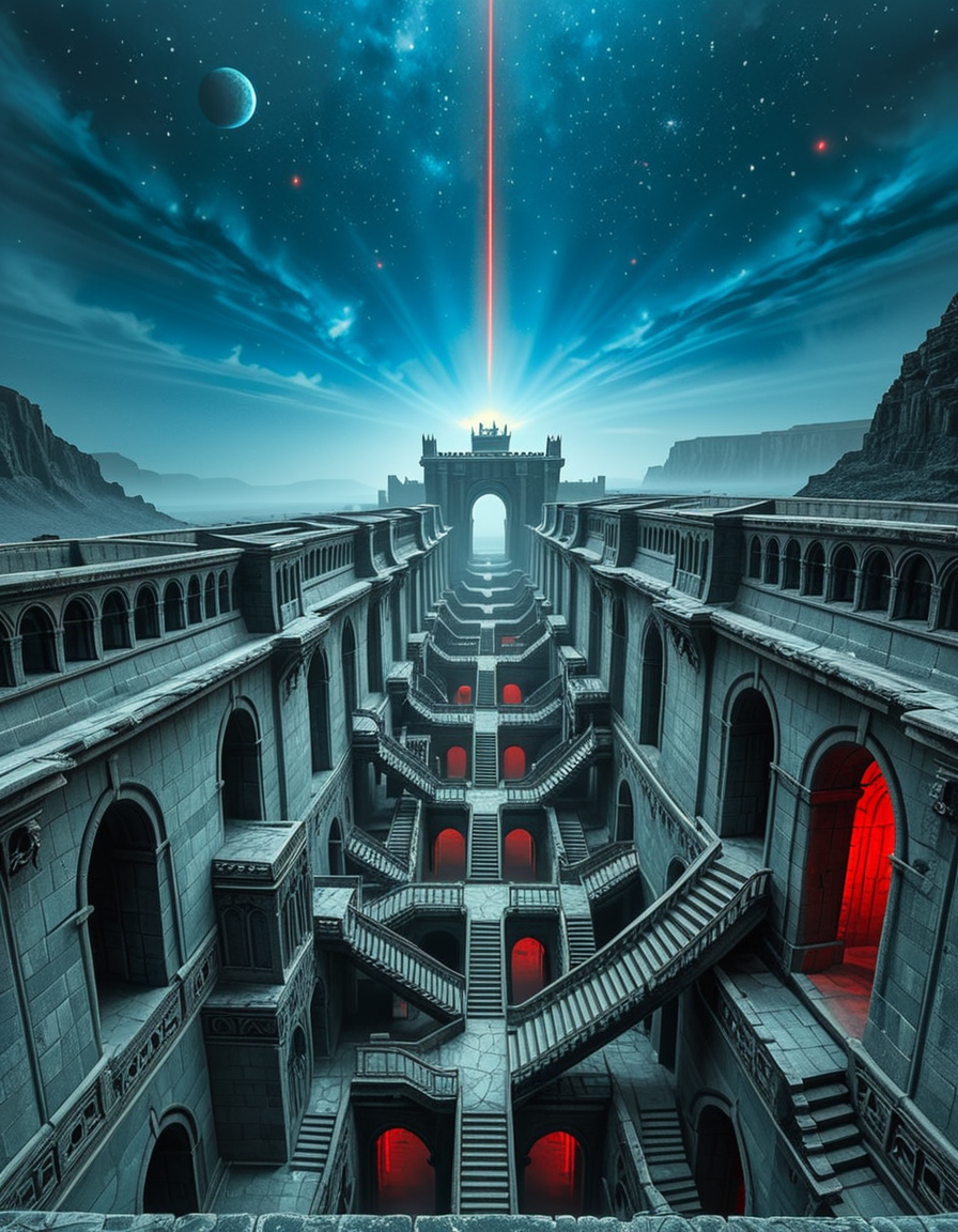 A vast, nightmarish labyrinth stretching endlessly into the horizon, its architecture a fusion of brutalist and gothic styles. The towering stone walls are cold, weathered, and adorned with eerie, ancient carvings. Deep chasms divide the labyrinth, revealing endless layers of arches and staircases that descend into an abyss of darkness. The atmosphere is thick with an unsettling silence, broken only by distant whispers and echoes of unseen entities.
A strange, ominous red beam pierces the sky from a distant point at the horizon, casting an eerie glow over the surreal landscape. The sky above is an unnatural, deep blue, devoid of stars, shrouded in a thick, ominous haze. Shadows stretch unnaturally long, twisting and shifting as if alive.
The entire scene evokes a sense of isolation and dread, as if trapped in an inescapable nightmare. The labyrinthâs geometry seems almost impossible, defying logic with staircases leading to nowhere and corridors looping endlessly. A place where time feels distorted, and reality itself is uncertain.
Style & Mood:
    Dark surrealism, Lovecraftian horror
    Cinematic, high-detail, eerie lighting
    Atmospheric perspective, emphasizing scale and depth
    Inspired by the works of ZdzisÅaw BeksiÅski and H.R. Giger
<lora:SDXLFaeTastic2400:0.4> <lora:extremely_detailed:0.4> extremely detailed, <lora:nightmarish_l4byr1nth:1>,nightmarish l4byr1nth, Masterpiece,best quality,hi res,8k,hi res,8k,award winning,(sharp focus, intricate, highly detailed),