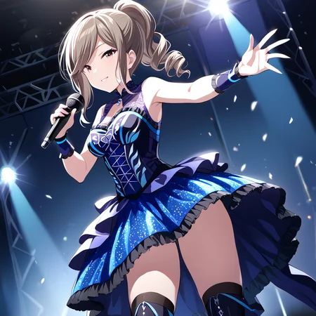 safe,masterpiece,(shiraishi),1girl,smile,(shi dress),solo,knee boots,shib thighhighs,holding microphone,<lora:shiraishi:0.78>,Cinematic Lighting,on stage,depth of field,