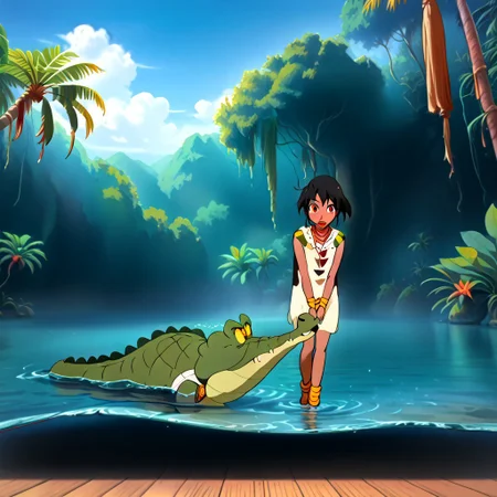 Tick tock crocodile,male animal focus,tail, crocodile open large mouth ,green skin, blue eyes, Tick Tock the crocodile is giant and very huge size,teeth, swimming in water,partially submerged,Tick Tock the crocodile looking us.
Choi_mochimazzi sitting on the crocodile head.
Base - choim, short hair, black hair, red eyes, dark-skinned female,purple eyes, barefoot.
Base Outfit - dress, jewelry, dark skin, necklace, bracelet,anklet, wristband.
open mouth,river,palm trees, jungle tropical, Disney,manga,anime