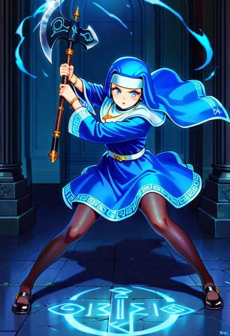 masterpiece, best quality, amazing quality, very aesthetic, absurdres, newest, fayeffl3, 1girl, blue habit, long blue dress, gold necklace, gold bracelets, blue eyes, white belt, black pump shoes, pantyhose, standing, full body, action pose, holding axe, axe made of runes, runic axe, runes on axe