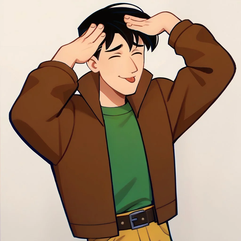 score_9, score_8_up, score_7_up BREAK RyanDef, 1boy, black hair, brown eyes, open brown jacket, green undershirt, belt, buckle, yellow pants, cowboy shot, AhEtoBlehMeme, closed eyes, tongue out, :p, hands on own head, smile,