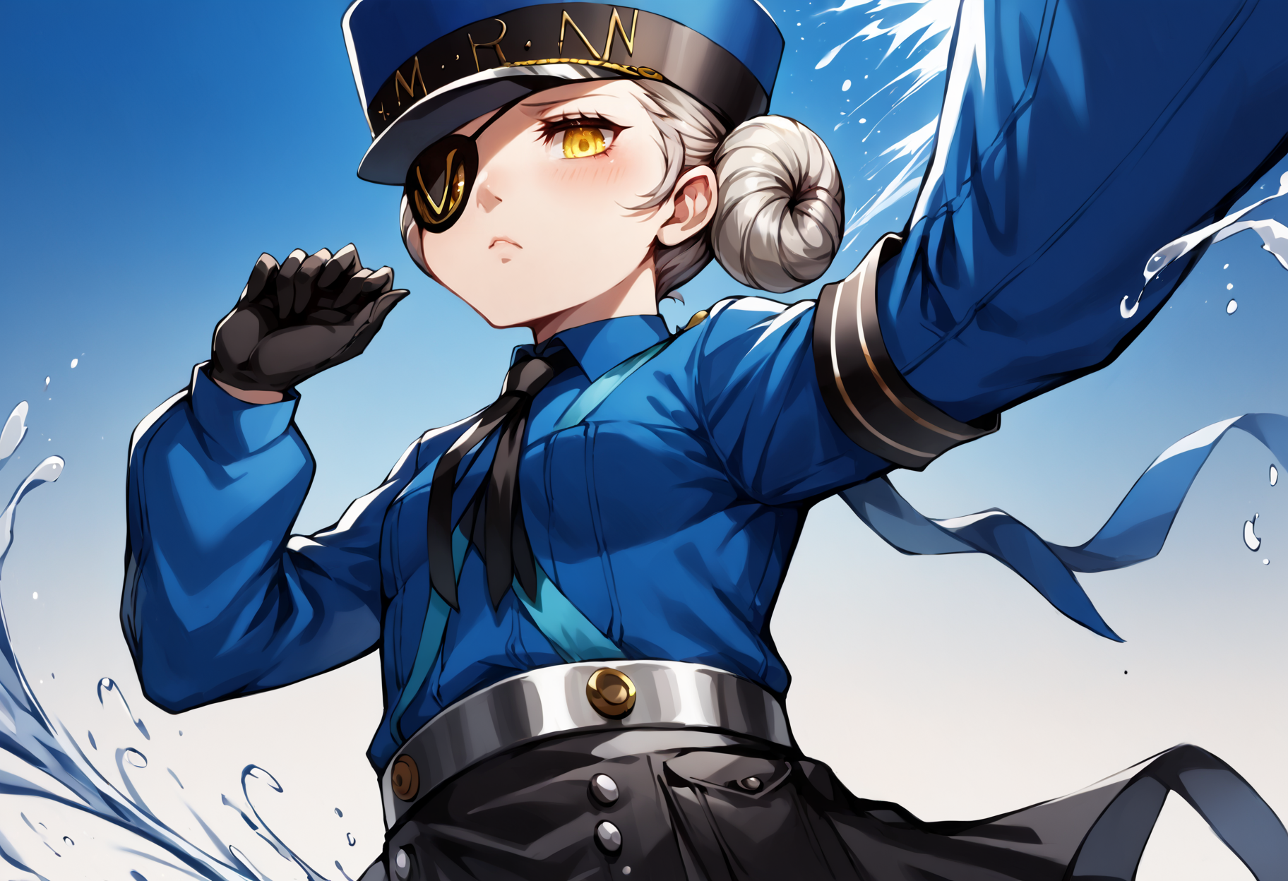 score_9, score_7_up, score_6_up, source_anime, uncensored, zPDXLxxx, <lora:intricate_details:0.5> intricate_details_xl, gradient background, (splash art:1.25), halftone background, wheat field, from below, head out of frame, breast focus
<lora:Persona5_Justine_Caroline_v1.0:1> CarolineP5, caroline (persona 5), official outfit, 1girl, yellow eyes, narrowed eyes, solo, gloves, hat, hair bun, double bun, short hair, eyepatch, black gloves, necktie, upper body, long sleeves, blue headwear, looking at viewer, shirt, grey hair, armband, blue shirt, black skirt, wing collar, sleepy, standing on one leg, money symbol
