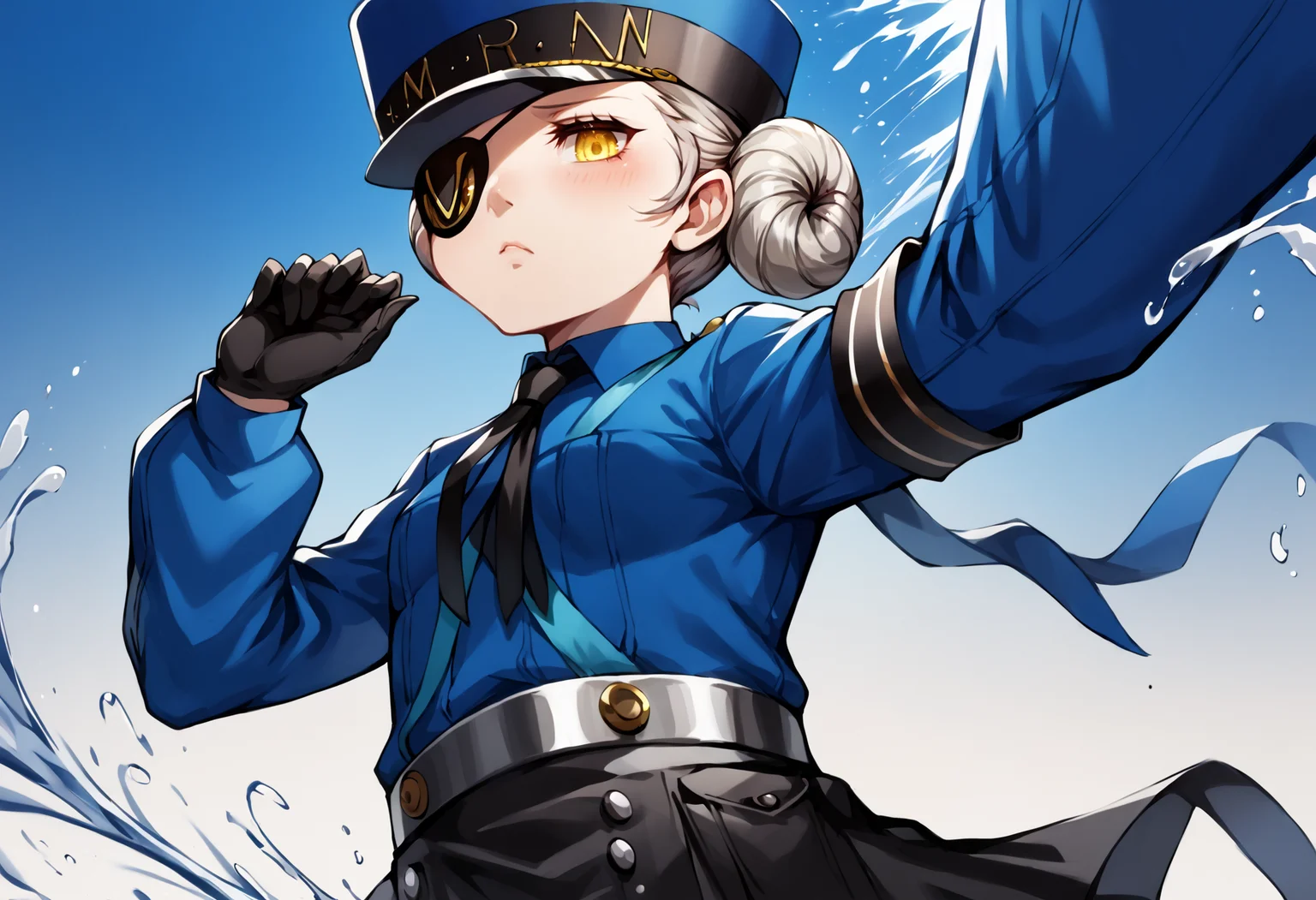 score_9, score_7_up, score_6_up, source_anime, uncensored, zPDXLxxx, <lora:intricate_details:0.5> intricate_details_xl, gradient background, (splash art:1.25), halftone background, wheat field, from below, head out of frame, breast focus
<lora:Persona5_Justine_Caroline_v1.0:1> CarolineP5, caroline (persona 5), official outfit, 1girl, yellow eyes, narrowed eyes, solo, gloves, hat, hair bun, double bun, short hair, eyepatch, black gloves, necktie, upper body, long sleeves, blue headwear, looking at viewer, shirt, grey hair, armband, blue shirt, black skirt, wing collar, sleepy, standing on one leg, money symbol