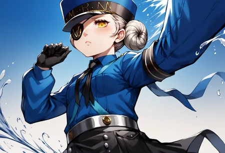 score_9, score_7_up, score_6_up, source_anime, uncensored, zPDXLxxx, <lora:intricate_details:0.5> intricate_details_xl, gradient background, (splash art:1.25), halftone background, wheat field, from below, head out of frame, breast focus
<lora:Persona5_Justine_Caroline_v1.0:1> CarolineP5, caroline (persona 5), official outfit, 1girl, yellow eyes, narrowed eyes, solo, gloves, hat, hair bun, double bun, short hair, eyepatch, black gloves, necktie, upper body, long sleeves, blue headwear, looking at viewer, shirt, grey hair, armband, blue shirt, black skirt, wing collar, sleepy, standing on one leg, money symbol