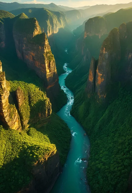 A breathtaking aerial panorama capturing a secluded canyon carved amidst towering, rugged mountains and lush, intricate valleys. Surreal rock formations, cascading waterfalls, vibrant river networks, and dense emerald forests reveal dramatic textures under atmospheric, golden twilight. Masterpiece quality, 8k resolution, intricate details, cinematic depth, expansive composition, evocative lighting, and visionary perspective combine to manifest a spellbinding landscape. Majestic scale, dynamic contrasts, and vivid color palettes evoke a sense of otherworldly wonder, seamlessly blending nature's grandeur with artful illumination.