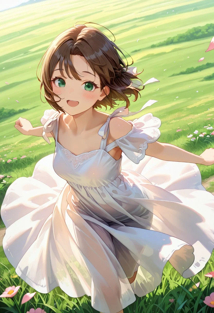 masterpiece, best quality, absurdres, 8k, ultra detailed, aesthetic, very aesthetic, newest, atnr style
see-through, extremely detailed face, detailed eyes, detailed eyelashes, 1girl, green eyes, black eyes, shoulder ribbon
solo, blush, medium breasts, short hair, mature female, brown hair, white hair ribbon, perky breasts
flowing skirt, flower petal, wind, running, dress, outstretched arms, open mouth, grass, outdoors, smile
white dress, thigh, looking at viewer, backlighting