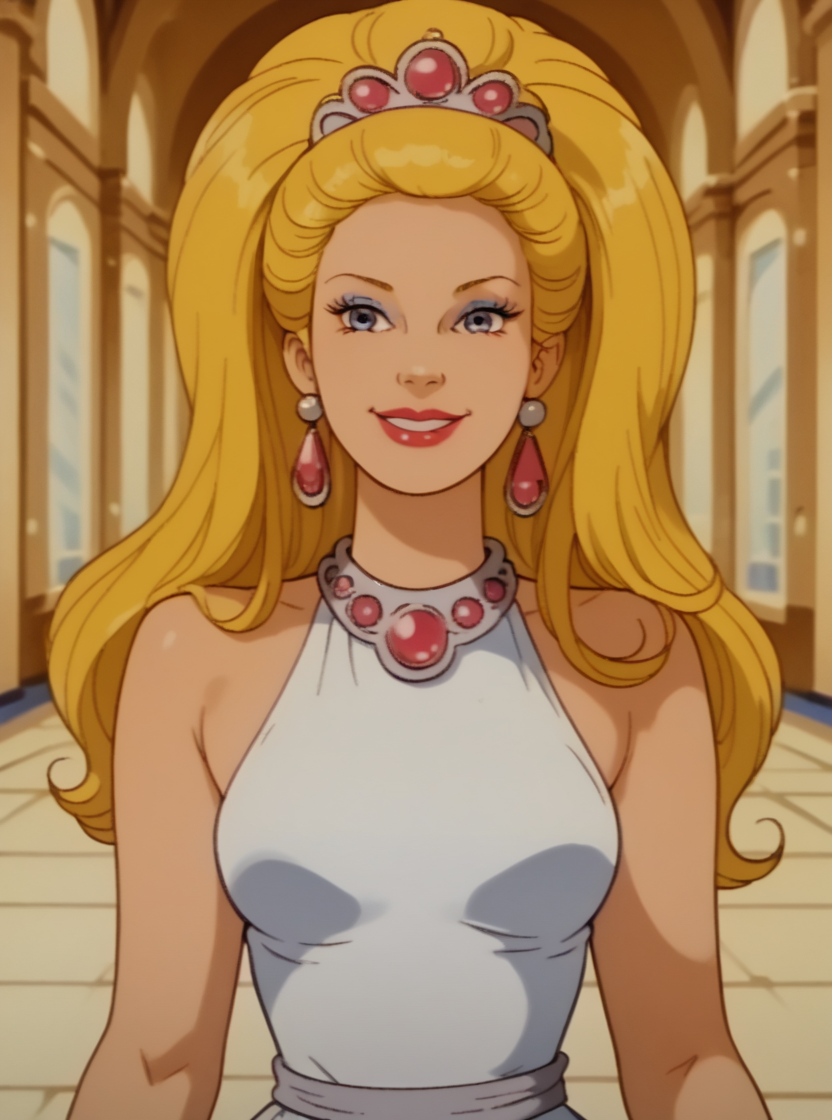 score_9, score_8_up, score_8, hud_barbir0ck, retro artstyle,  <lora:barbirock:0.8>, hud_barbir0ck, 1girl, solo, long hair, smile, blue eyes, blonde hair, jewelry, earrings, tiara, dress, makeup, lipstick
