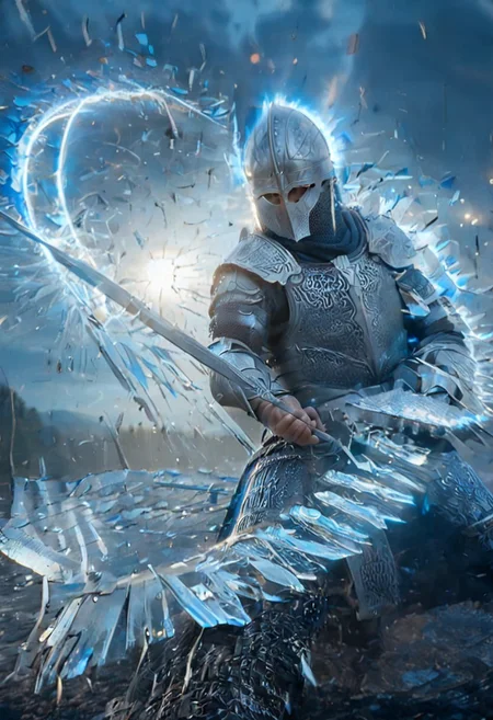 1man, armored Viking warrior in lamellar armor, wearing Viking helmet and lamellar armor, Incoming sword, broken glass, brave perspective, reflection, glowing lightning slash, Viking sword, blue flames, shatter, holding sword, glowing sword, motion blur, emphasis line, outdoor in the darkness, looking at viewer,
