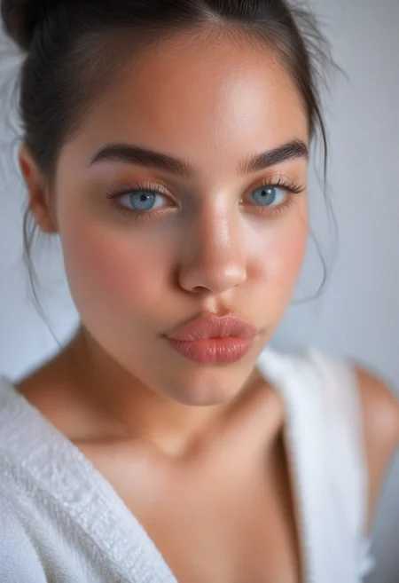 [score_9, score_8_up, score_7_up], (((realistic, realism, HD, perfect quality, 16k, very detailed, realistic lighting, photo, photorealistic))), (realistic detailed face), [18-year-old female], [extreme close-up shot], [petite], [standing at 4'11"], [delicate frame], [black hair, hair in a braided bun, undercut, enhanced lips