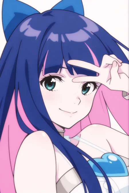 <lora:Stocking:0.8>  Vetty, female, blue hair, dark blue hair, pink highlights, turquoise eyes, upper body portrait, peace sign over one eye, V-sign hand gesture near eye, confident smile, white outfit, white dress, bandaged outfit, blue heart emblem, blue hair bow, flowing hair, fair skin, white background, anime style, detailed lighting, shoulder-up view, looking at viewer, playful expression