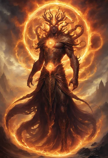 Chimeric elemental demigod, magistrate preternatural terrestrial forces, incorporeal form ethereal cosmic ether infused quintessence, gesticulating limbs conjuring zephyrs solidifying raging tempests, graceful motion brings forth deluge primordial tidal waves, mere exhaled breath raging pyrokinetic firestorms scouring landscapes, focused intention earth itself contorts tectonic upheaval, archaic sigils transmute fundamental reality heed sovereign's dominion, supreme arcane mastery primordial energies reshaping mortal realm on transcendent scale