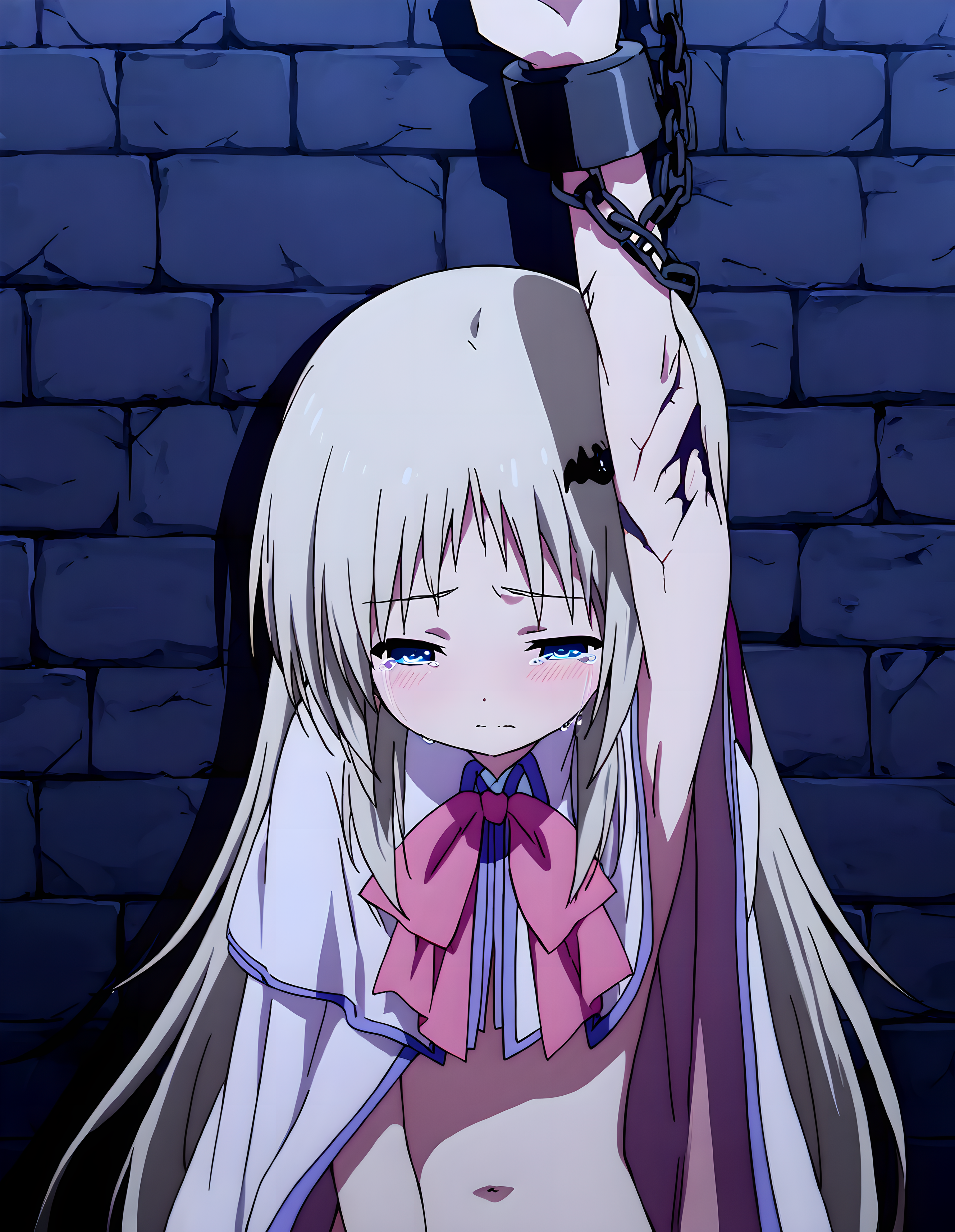 <lora:illustrious_XL_kudryavka:0.9>,kudryavka,masterpiece,best quality,good quality,1girl,solo,white cape,pink bow,naked,arm_up,chain,chain on the arm,restraint,the rock wall,darkness,dark,upper_body,head_down,looking_down,despair,sad,tears,