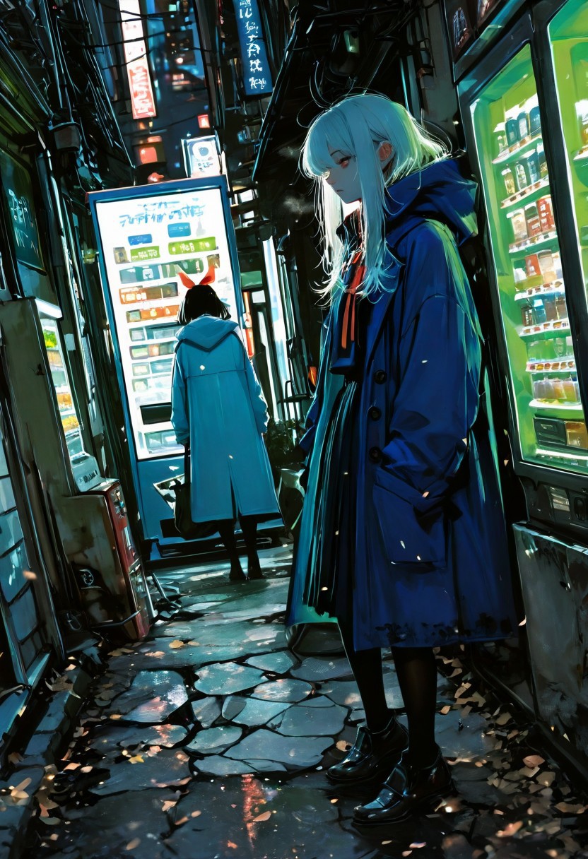 7481llu, masterpiece, best quality, amazing quality, very aesthetic, absurdres, newest, (scenery, volumetric lighting), 8K, depth of field, focused subject,dutch angle, 2girls, (masterpiece, best quality, highres, nihonga style, halftone textures, chromatic glow edges, gentle surrealism:1.1, illustration by nisino2222, cinematic still, dim ambient tones, cyberpunk melancholy), 2 girls crouched near a cracked sidewalk beneath a broken streetlamp, sorting through old memory chips and rusted data tags they’ve scavenged from forgotten alleyways, the air heavy with mist, neon reflections shifting on wet concrete, girl one with very long dark hair tied with a ribbon, pale freckled skin, wearing a soft blue hoodie and patched tights, girl two with short silver hair, wearing an oversized coat layered over an old school uniform, sleeves too long, pulling a small folding scanner from a canvas bag and flipping it open with care, a faint hum and flicker of green light, nearby a vending machine buzzes softly, half-lit with static and unreadable ads, above them faded neon kanji flickers, casting colored shadows across their faces, around them empty buildings lean quietly, the city breathing in long, forgotten pulses, no one else in sight, just the sound of distant rain returning, and the click of metal in their hands as they try to piece together a story that still matters.