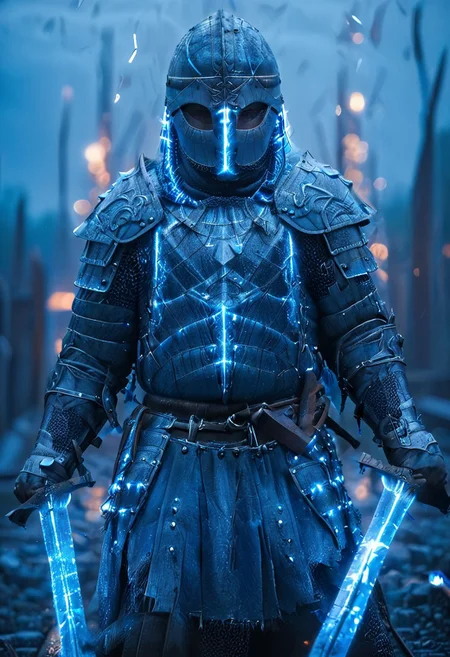 1man, armored Viking warrior in lamellar armor, wearing Viking helmet and lamellar armor, broken glass, reflection, glowing blue lightning, Dual Swords, Viking sword, blue flames, shatter, holding sword, glowing sword, motion blur, emphasis line, outdoor in the darkness, looking at viewer,