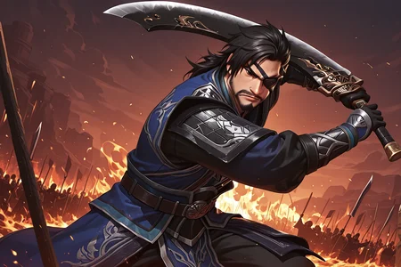 k0n0hanaya, best quality, amazing quality, newest, perfect quality, best quality, highres, great lighting, ExpresHGothicNeonIncase,
1boy, mature male, male focus, solo, detailed body, detailed face, (detailed eyes:1.2),daddy face
XiahouDun, black hair,half swept back hair , black eyes, full beard with goatee, mature muscle male, (eyepatch on left eye:1.2), looking at viewer,
holding large guan dao, angry expression, standing in flaming battlefield with soldiers and trees in background, fighting pose, dynamic angle, dutch angle, cowboy shot