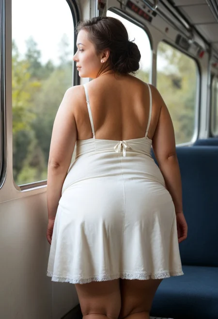 score_9, rating_safe, SFW, amazing photo, detailed face,
backside, 1girl, big breasts, thick thighs, gigantic hips, plump, plump belly, wearing a cute dress, standing on the train, blurry trees outside the window, from behind,
themes of lust and desire, dynamic light, detailed shadows