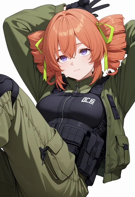 Smooth Quality,masterpiece,very intricate, high quality details, ultra realistic, high detailed skin,detailed enviorement,absurdres,
middle w,
 <lora:Gertrude_Rainsworth_CNR_r2:0.8> gertrude_cnr, 1girl, orange hair, twin drills, purple eyes, hair between eyes, medium breasts,hair ribbon,, simple background, white background, dynamic angle,
reclining, arms folded behind head, one knee bent, looking up, peaceful mood,  ,, x3,, tactical vest,  ,bolero jacket,  ,parachute pants,  ,
